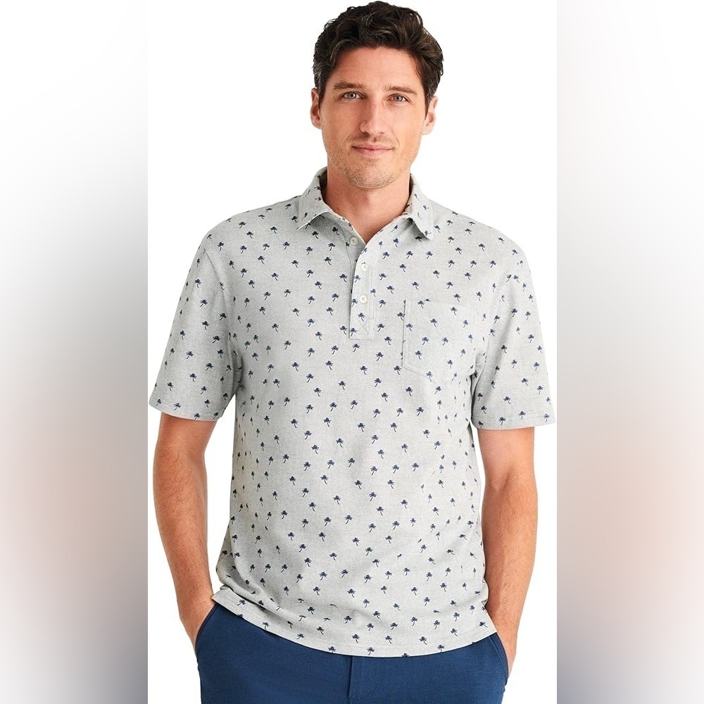 johnnie-O The OG Pique Polo - Currituck Print Shirt Size Large Cotton Grey